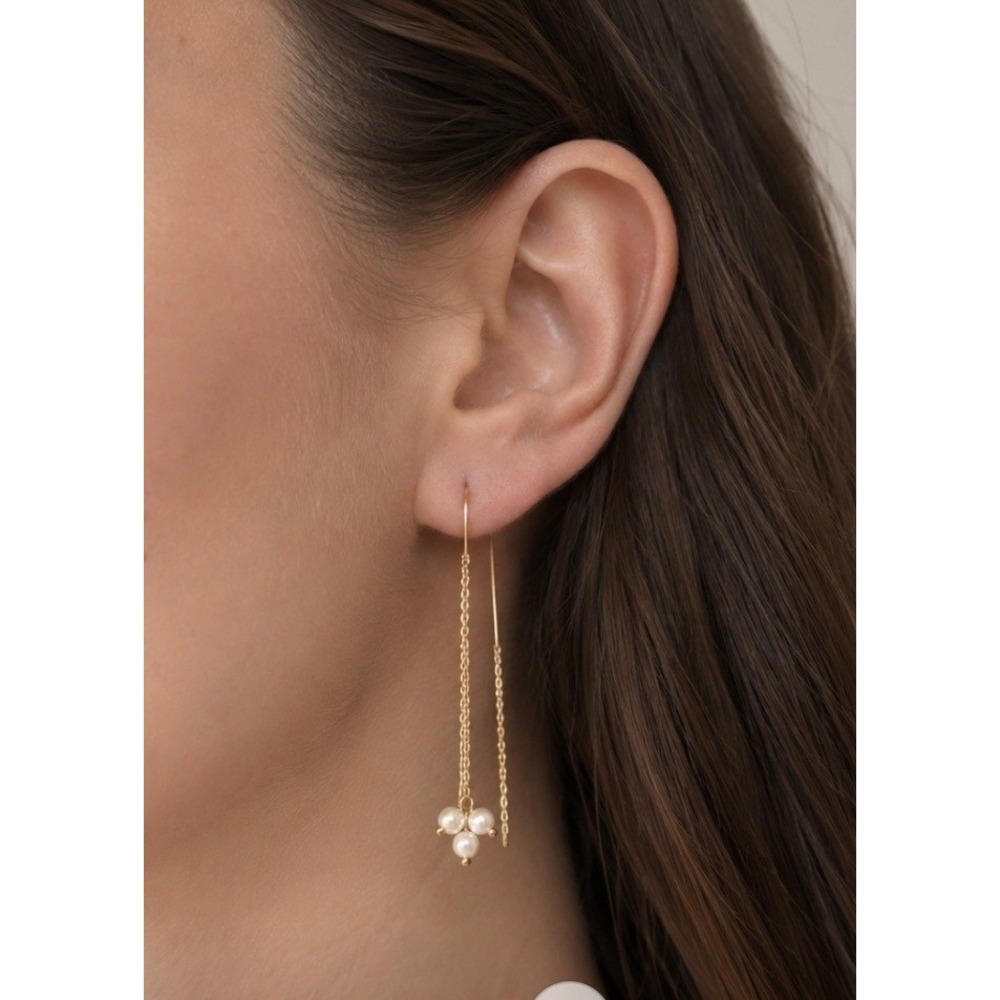 14K Yellow Gold Seed Pearl Threader Earrings Dangle Pull Through 3.25" 0.93g